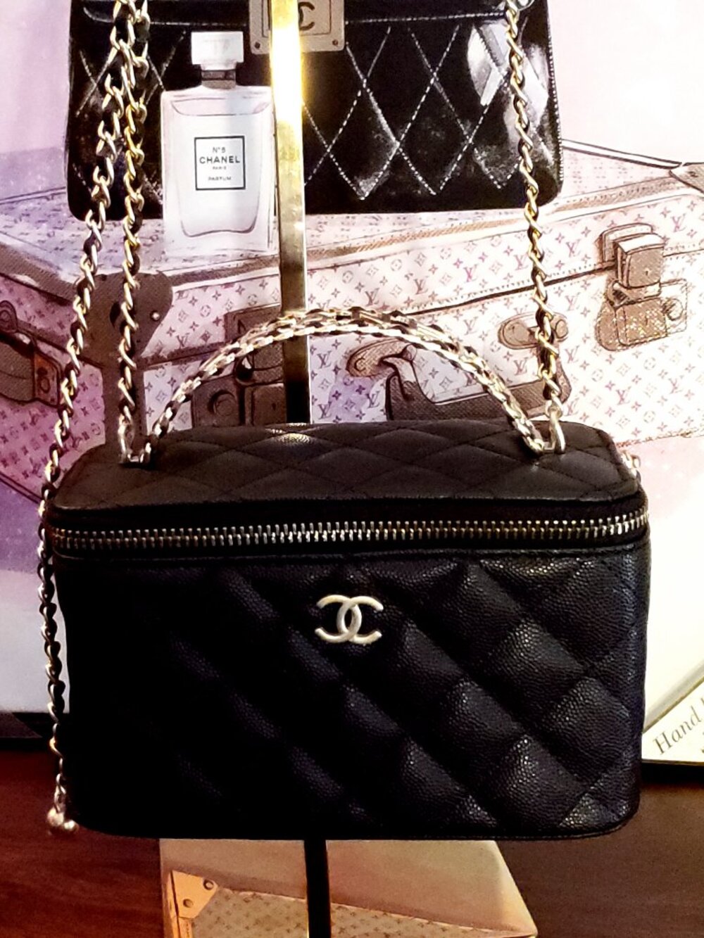 Chanel Black Vanity/Cosmetic Bag w/ Ball Adjustment Crossbody Chain